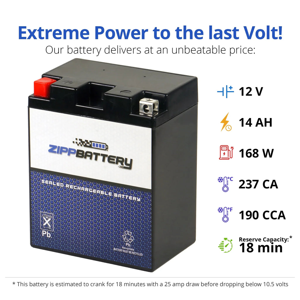Zipp Battery YB14A-A2 (14A-A2 12 Volt,14 Ah, 190 CCA) Utility Vehicle Battery for Kawasaki Kaf400 Mule 600 610 400cc 05-'07