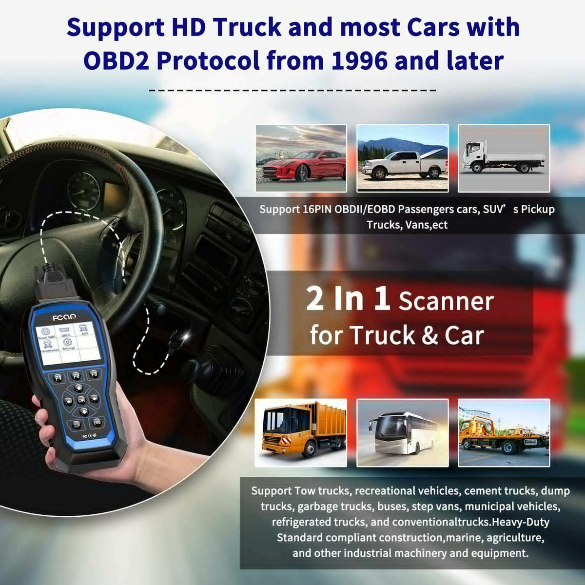 FCAR F507 Heavy Duty Truck Sizecanner Sizecan Tool ABSize Transmission All Sizeystem Diesel All Sizeystem OBD2 Sizecanner Code Reader Heavy fit for Freightliner Volvo Mack