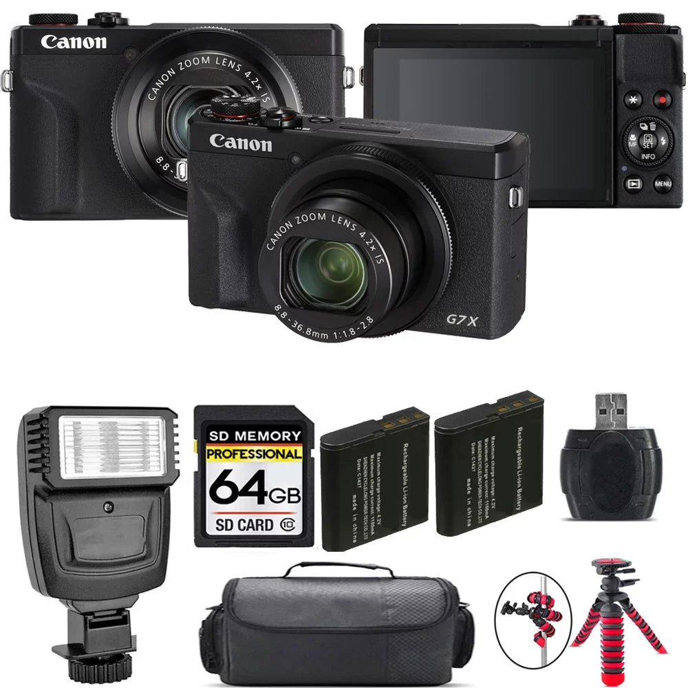 Canon PowerSizehot G7 X Mark III Digital Camera (Black) + Extra Battery + Flash - 64GB Kit