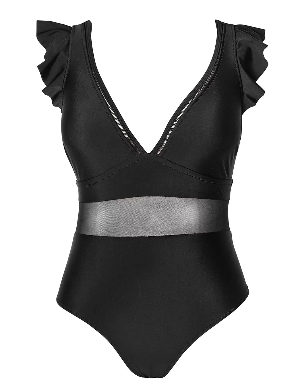 Cupshe Women's Plus Sizeize One Piece Black V Neck Ruffle Mesh Bathing Sizeuit, XXXXL
