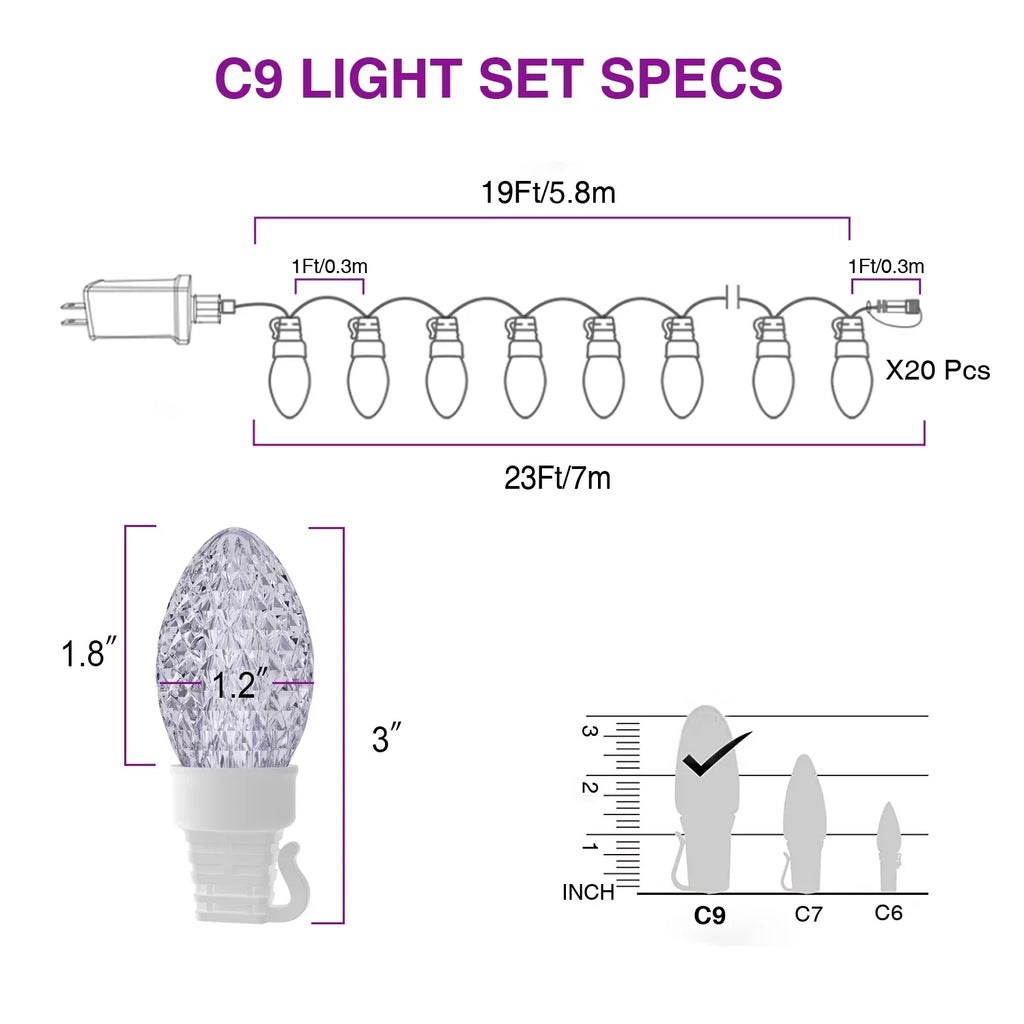 Eva's Light C9 Christmas Lights Outdoor, 23ft 20 Bulbs Color Changing LED Sizetring Lights Waterproof