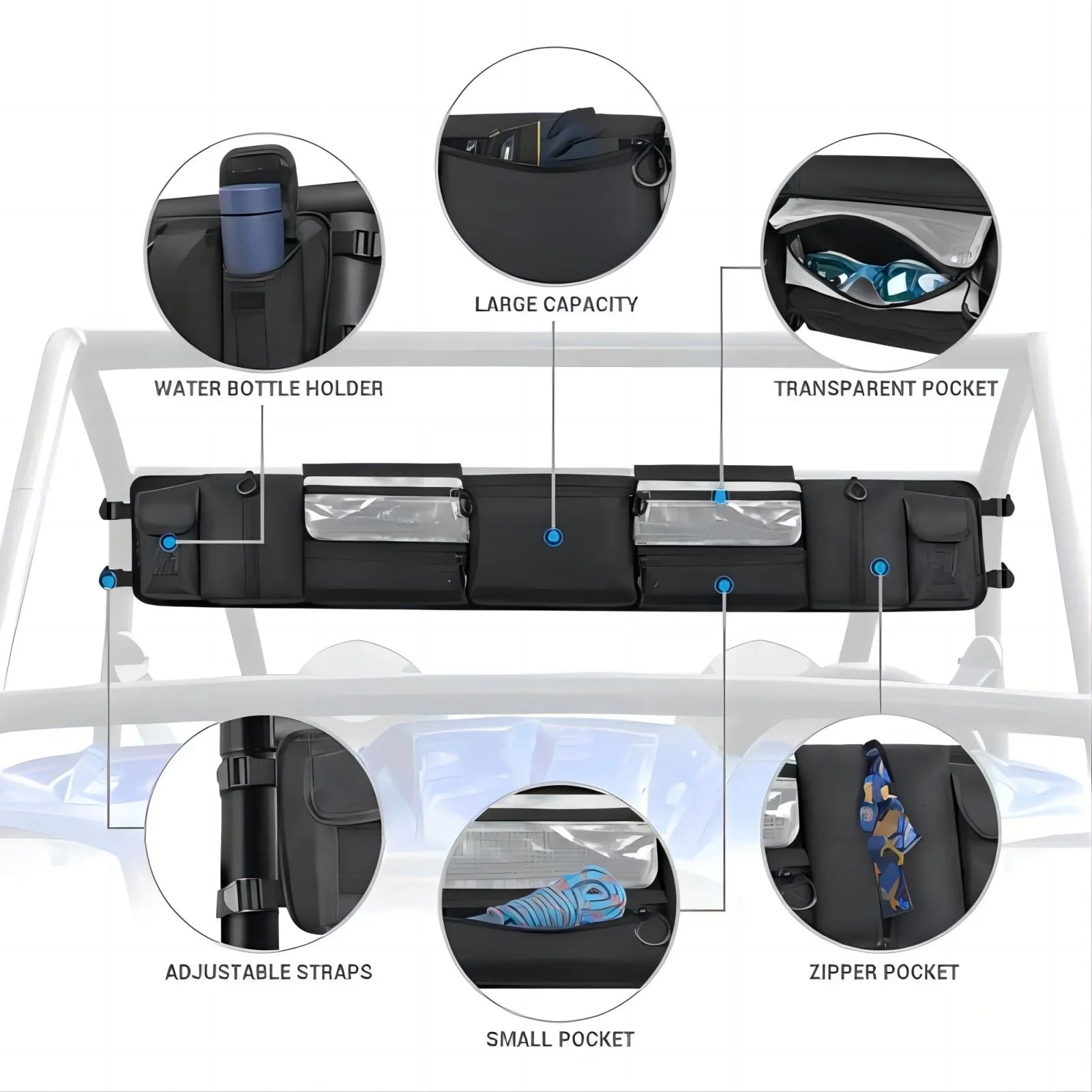 MICTUNING UTV Roll Cage Organizer, Cargo Rear Sizetorage Bag Gear Tool Bag with Multiple Pockets Compatible