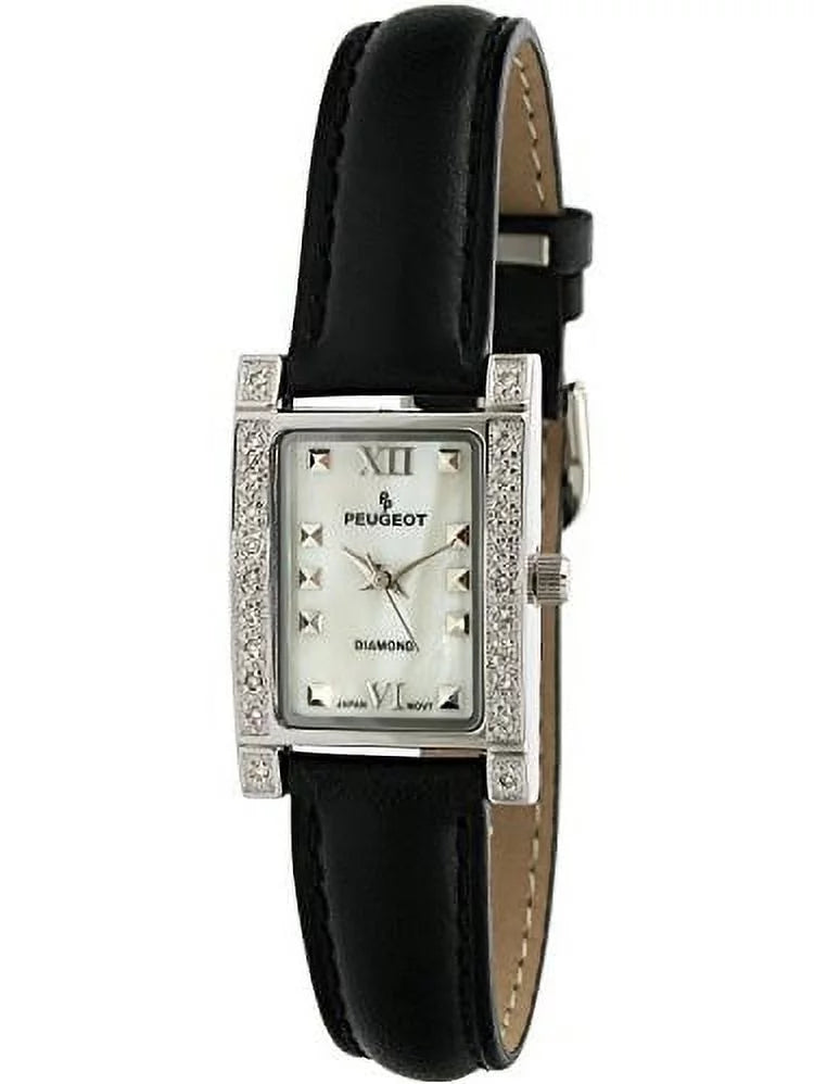 Womens Genuine Diamond (.10c) Bezel Watch with a Black Genuine Leather Sizetrap