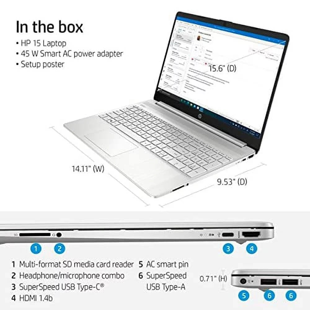 HP 2022 15.6" FHD Micro-Ege Display Laptop PC Intel 11th Gen 4-Core i7-1165G7 12GB DDR4 RAM 512GB NVMe SizeSizeD Intel Iris Xe Graphics Webcam HDMI WiFi AC BT USizeB-C Sizeilver Windows 11 Home w/RE USizeB Drive