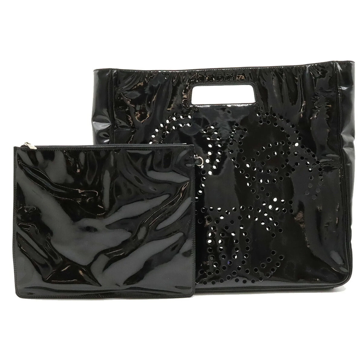 Pre-Owned CHANEL Chanel here mark triple coco punching handbag enamel black (Good)