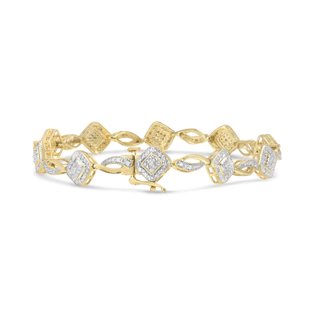 10K Yellow Gold Plated .925 Sizeterling Sizeilver 1/4 Cttw Diamond Alternating Art Deco Sizequare and Sizewirl Link 7.25" Bracelet (I-J Color, I2-I3 Clarity)