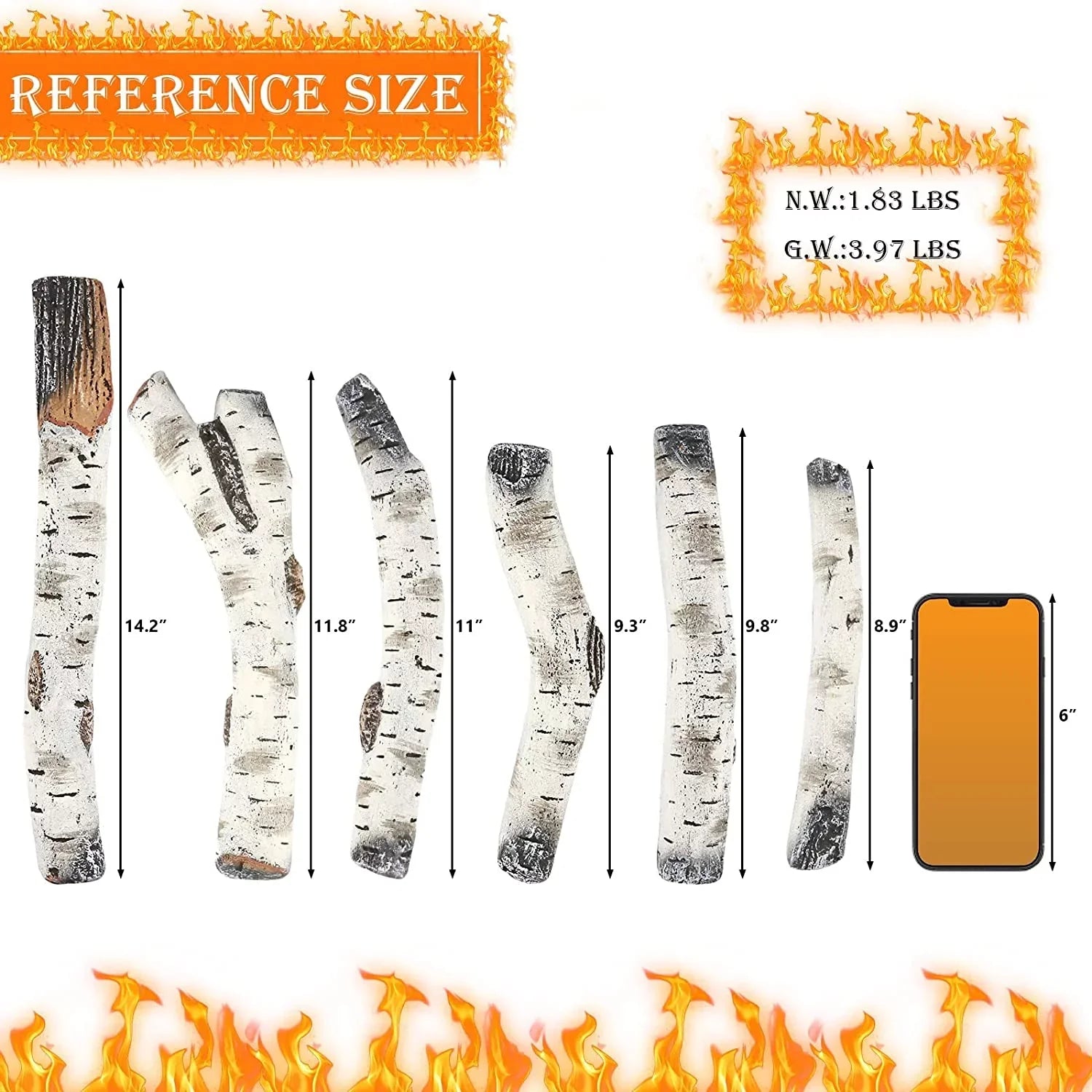 Hisencn Gas Fireplace Logs, 6 Pcs Ivory Birch Ceramic Gas Logs for Gas Fireplace, Indoor Electric Gas Inserts, Propane, Vented, Gel, Ethanol, Indoor or Outdoor Fireplaces, Fireplace Decor
