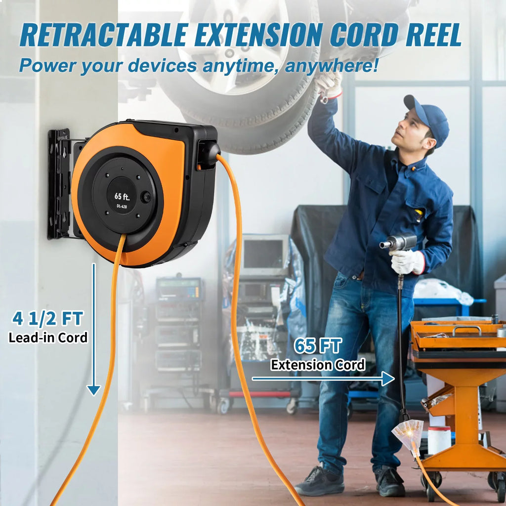 BENTISizeM Retractable Extension Cord Reel Power Cord Reel 65FT 12AWG/3C SizeJTOW UL