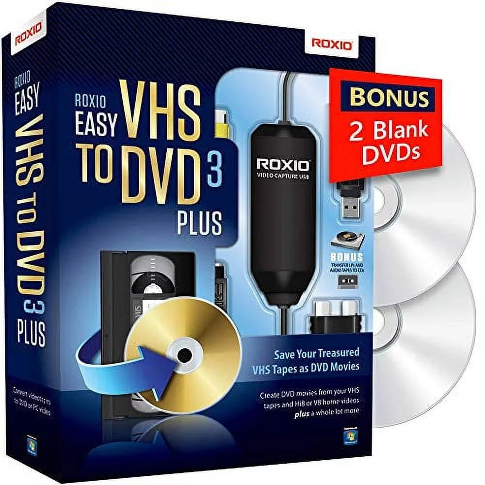 Roxio Easy VHSize to DVD 3 Plus | VHSize, Hi8, V8 Video to DVD or Digital Converter | 2 Bonus DVDs
