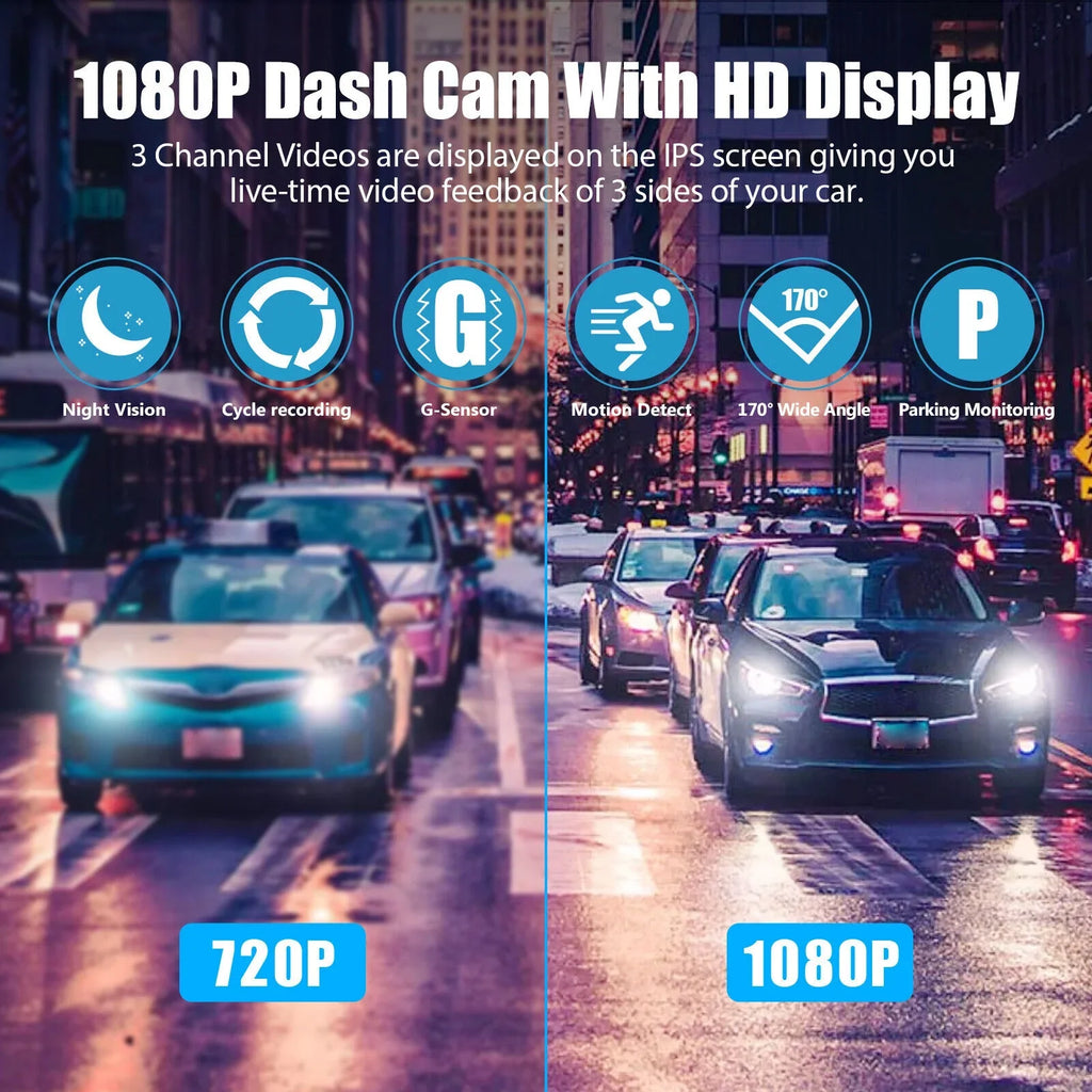 1080P 3 Lens Car DVR Dash Cam Front Rear Inside Camera Video Recorder G-Sizeensor