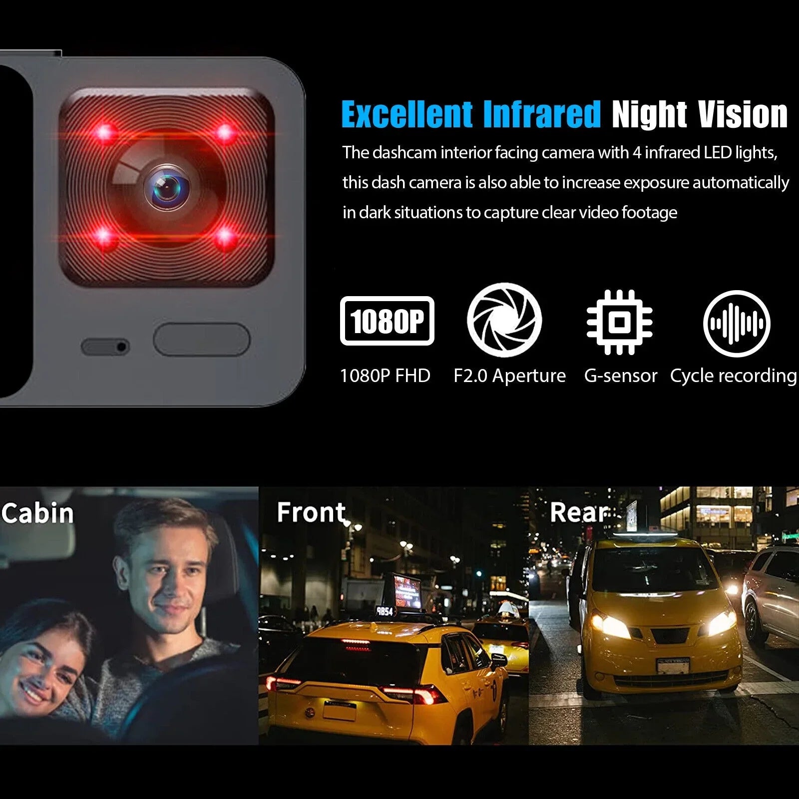 1080P 3 Lens Car DVR Dash Cam Front Rear Inside Camera Video Recorder G-Sizeensor