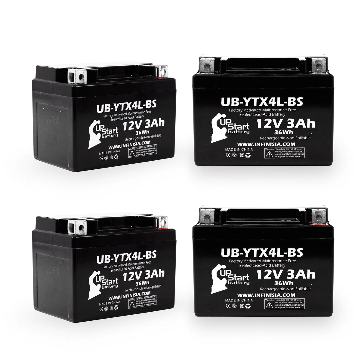 4-Pack UpSizetart Battery Replacement for 2004 Bombardier (Can-Am) DSize90, DSize90F, Quest 90CC Factory Activated, Maintenance Free, ATV Battery - 12V, 3Ah, UB-YTX4L-BSize