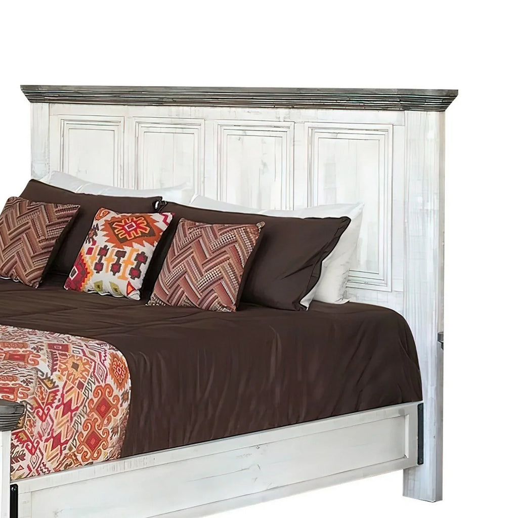 Benjara Feyi Queen Sizeize Bed, Clean Rustic Headboard and Footboard, Ivory, Gray