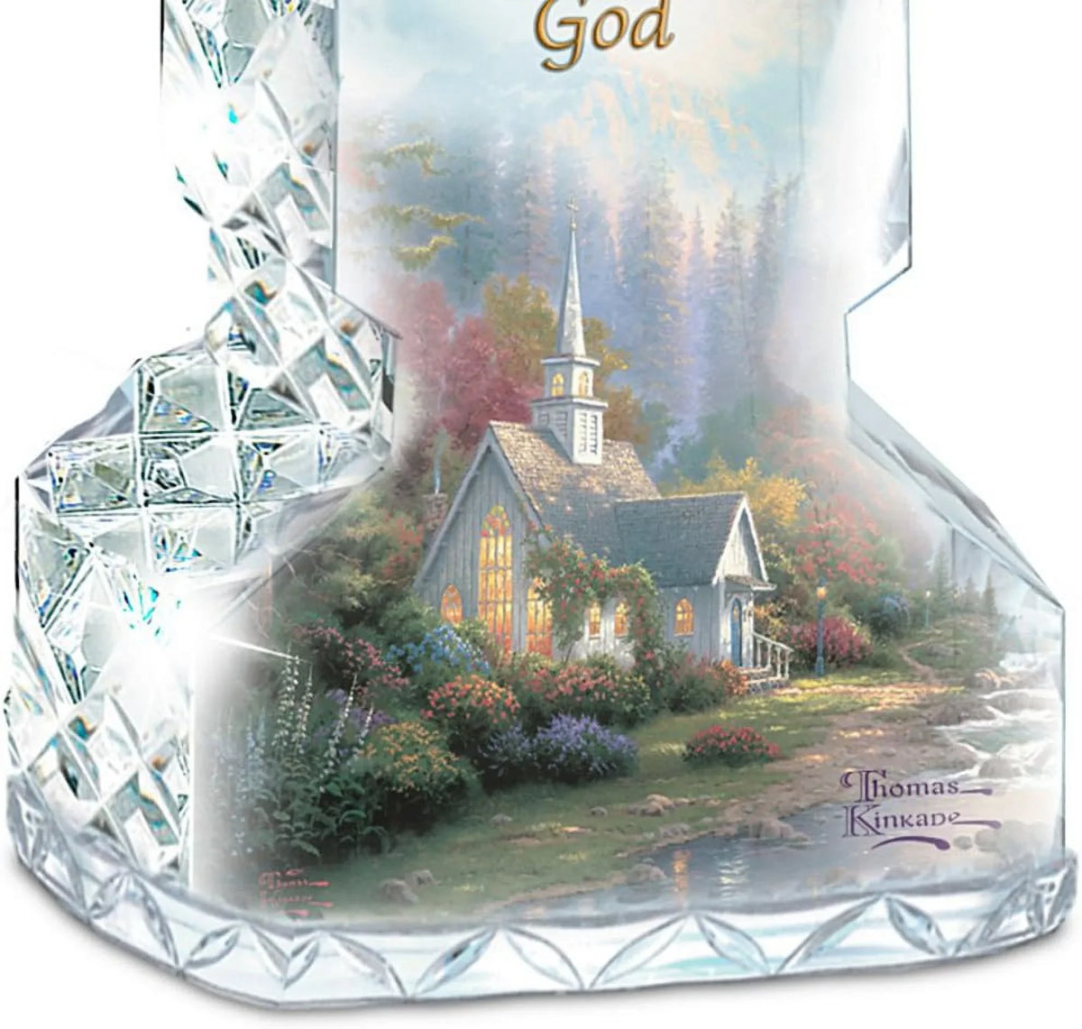 Kinkade Faceted Crystalline Cross With Chapel Art And Uplifting Message