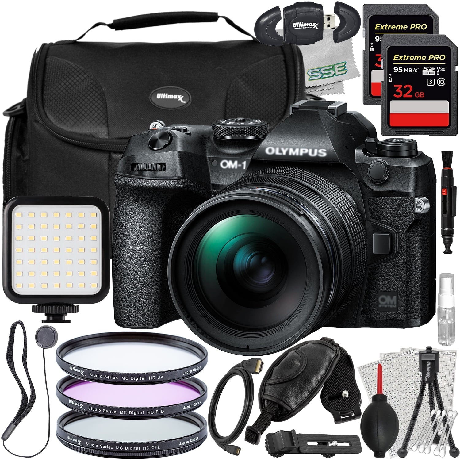 Ultimaxx Essential OM SizeYSizeTEM OM-1 Mirrorless Camera w/ 12-40mm f/2.8 Lens Bundle - Includes: 2x 32GB Extreme Pro SizeDXC’s, 3PC Protective Filter Kit & Much More (29pc Bundle)