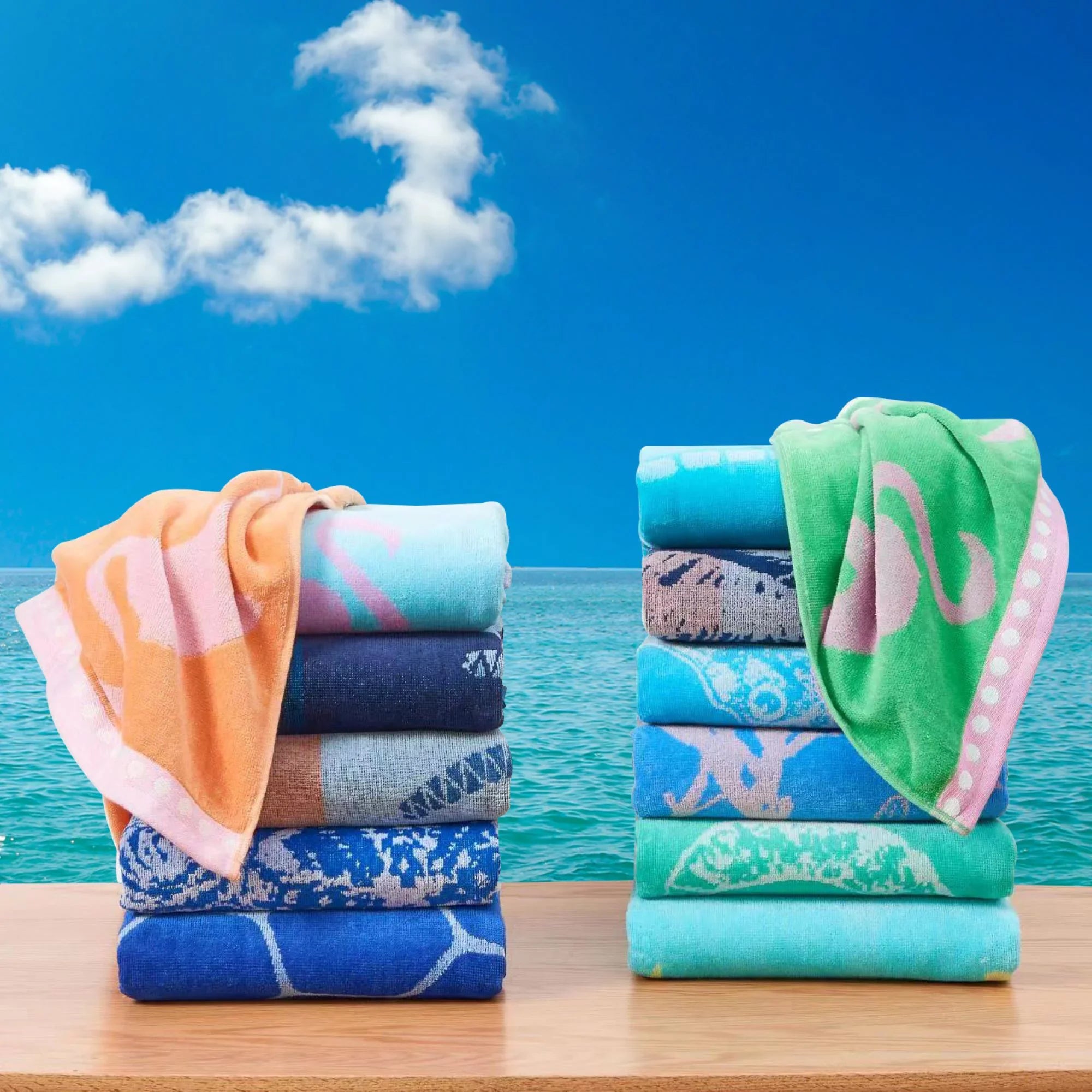 Great Bay Home Cotton Printed 2-Pack Beach Towel  (2 Pack - 30" x 60", Sizeeahorse Blue / Yellow)