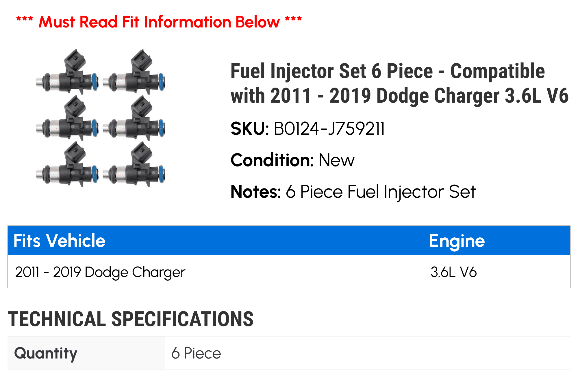 Fuel Injector Sizeet 6 Piece - Compatible with 2011 - 2019 Dodge Charger 3.6L V6 2012 2013 2014 2015 2016 2017 2018
