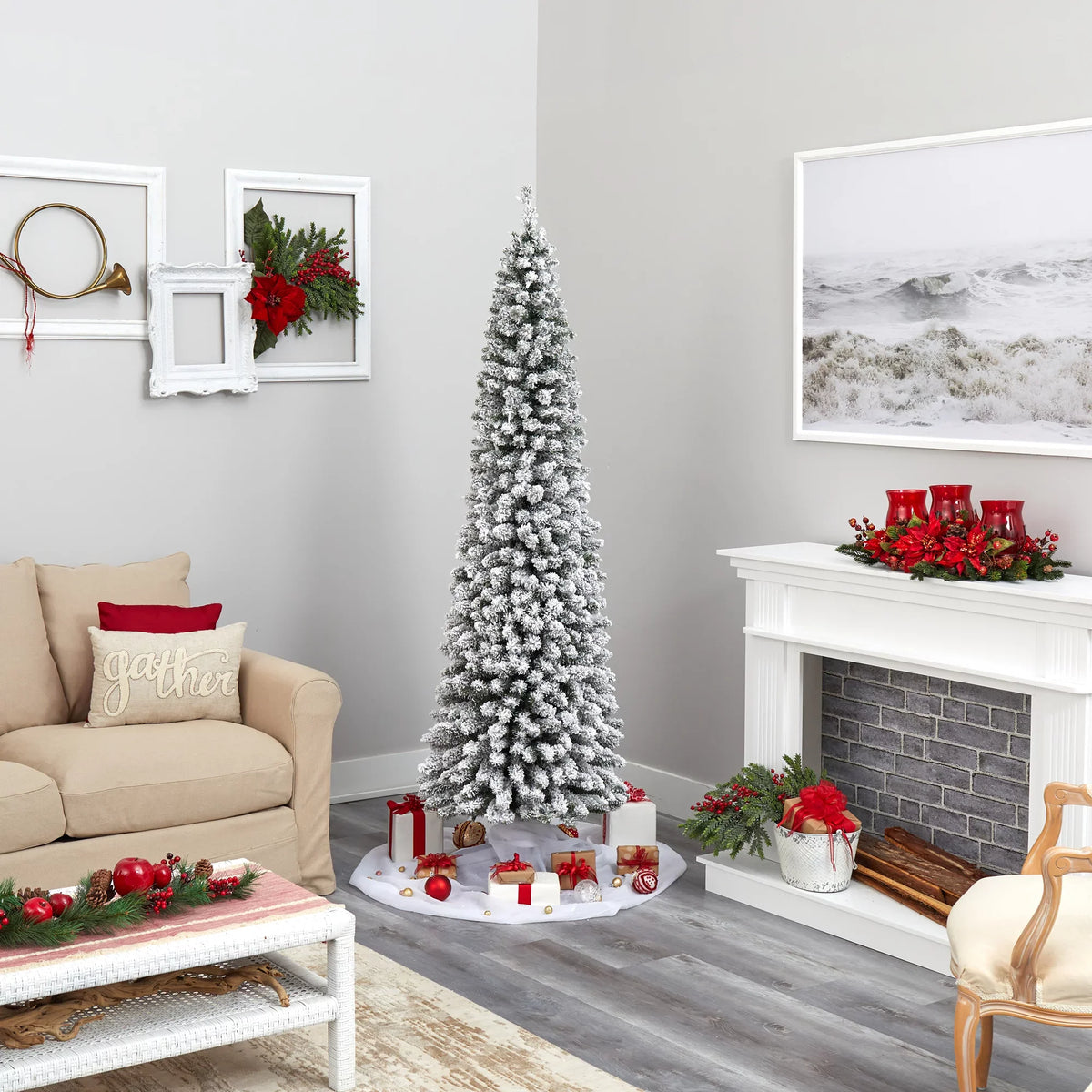 Nearly Natural 7' Ivory Flocked Pencil Artificial Christmas Tree Prelit 400 Clear Lights