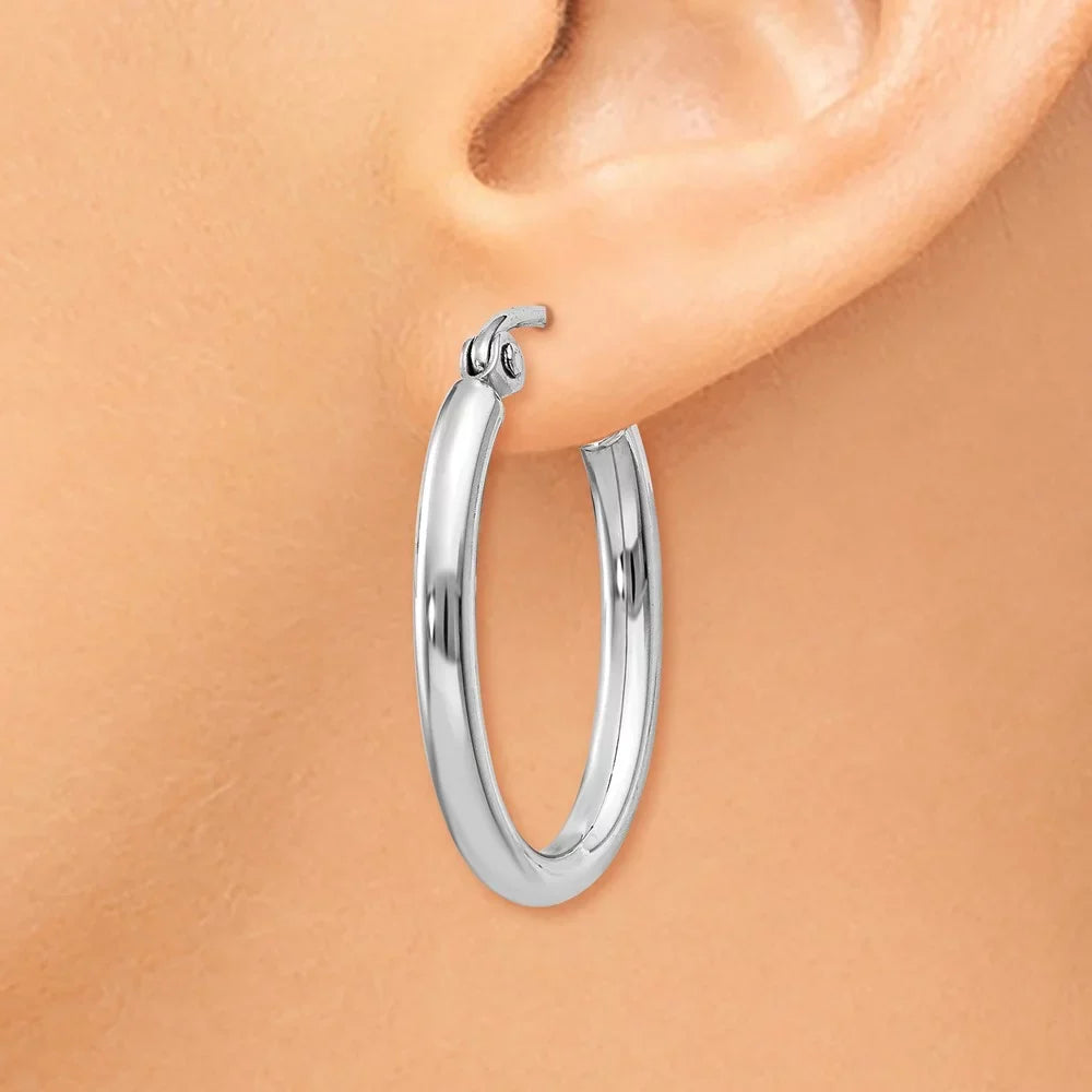 Real 14kt Ivory Gold Polished 2mm Oval Tube Hoop Earrings; for Adults and Teens; for Women and Men