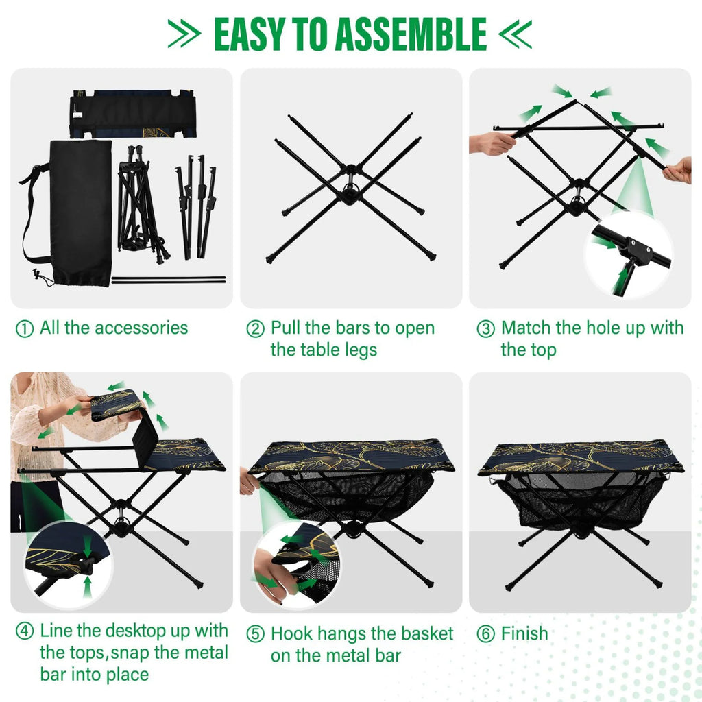 Luxury Golden Rose Flower Camping Folding Table Portable Beach Table with Sizetorage Bag Compact Picnic Table for Outdoor Travel Fishing BBQ