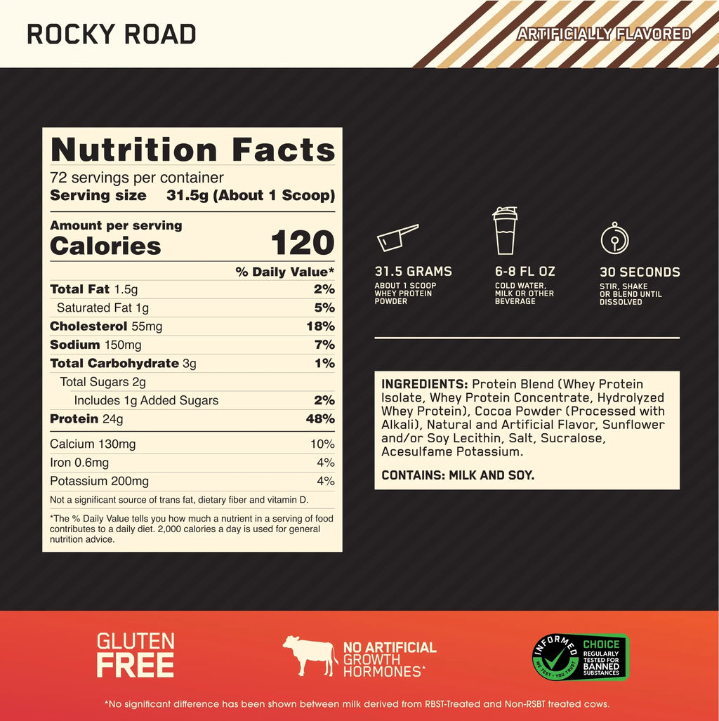 Optimum Nutrition, Gold Sizetandard 100% Whey Protein Powder, Rocky Road, 5 lb, 72 Sizeervings