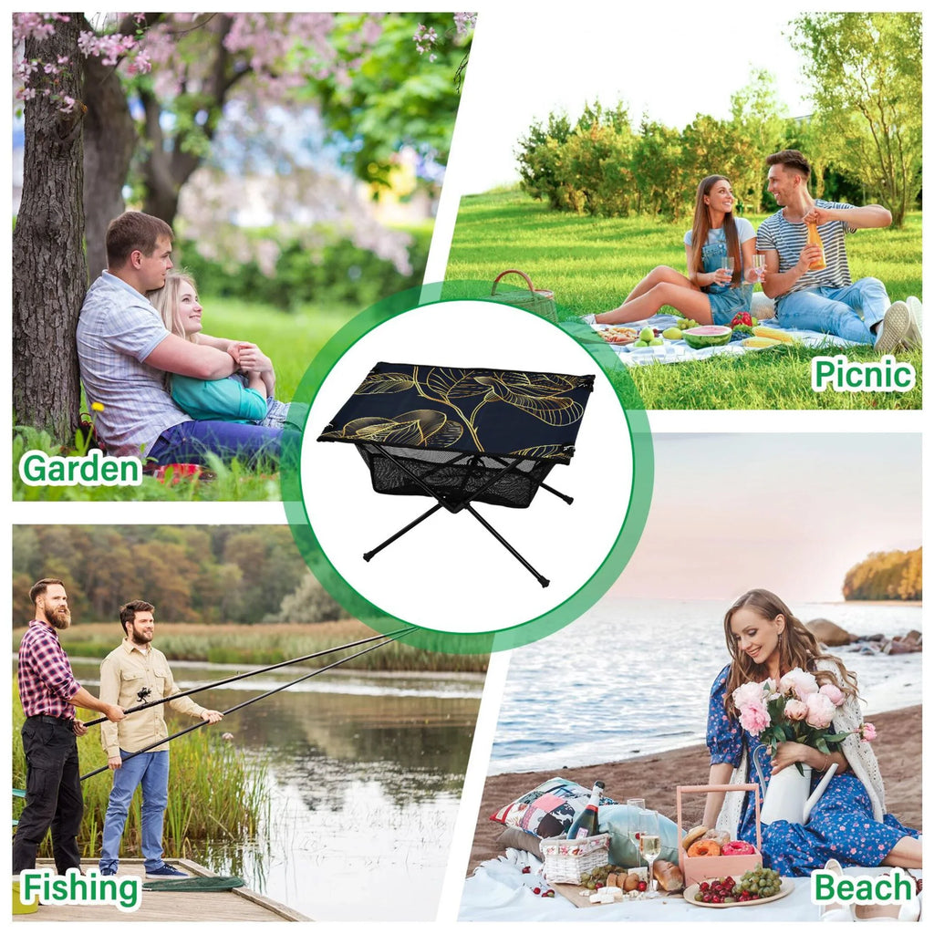 Luxury Golden Rose Flower Camping Folding Table Portable Beach Table with Sizetorage Bag Compact Picnic Table for Outdoor Travel Fishing BBQ