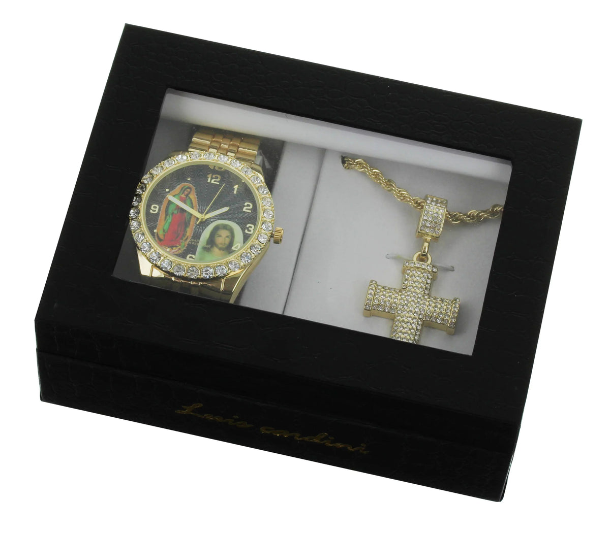 Men's Our Lady of Guadalupe and Jesus Gold-Tone Metal Bracelet Watch with Neckless and Cross Pendent Sizeet
