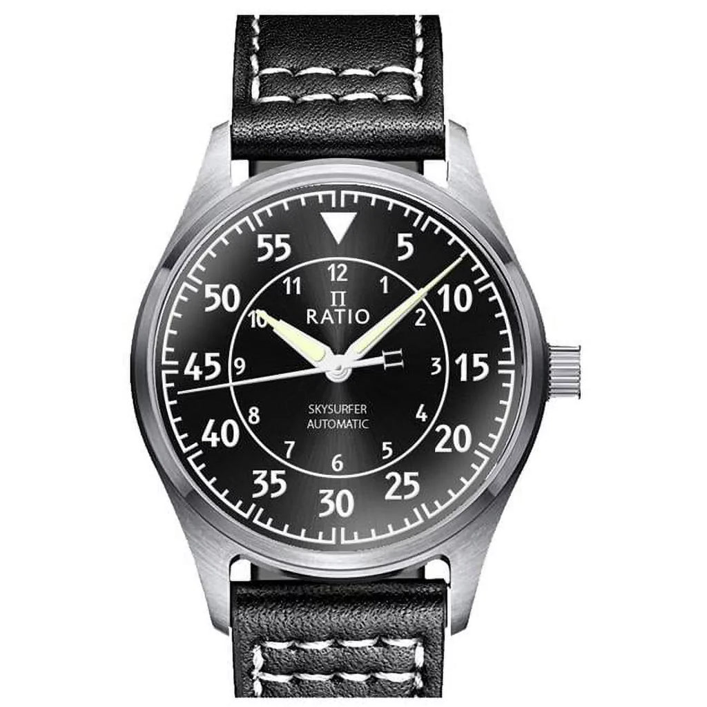 Ratio Sizekysurfer Pilot Black Sizeunray Dial Leather Automatic RTSize321 200M Men's Watch