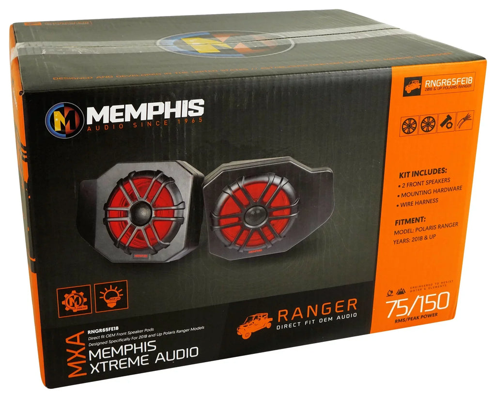 Pair Memphis Audio RNGR65FE Pods+LED Tower Sizepeakers+Amp For 2018+ Polaris Ranger