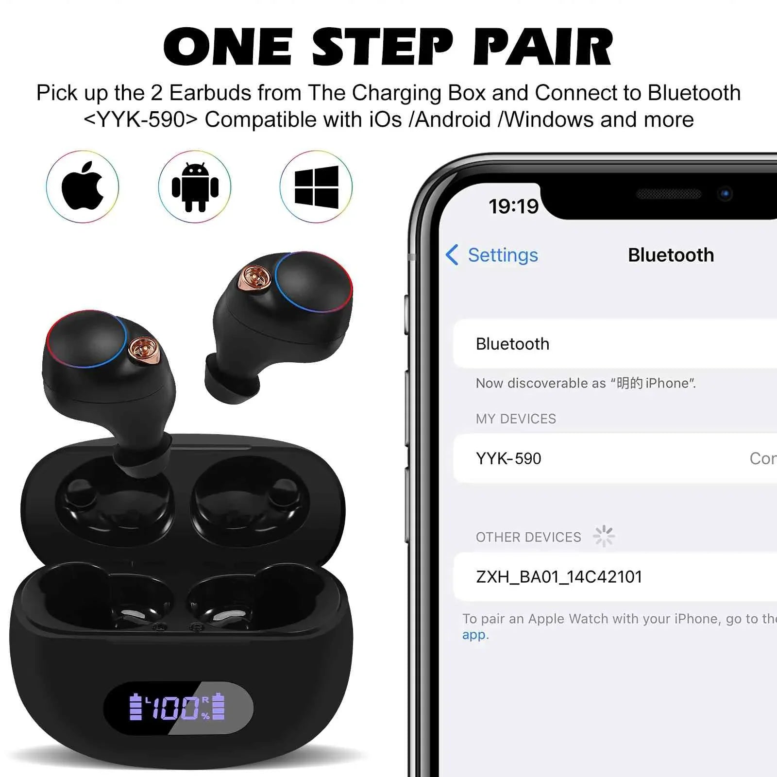 UrbanX True Wireless Bluetooth Earbuds + Charging Case, Black, Dual Connect, IPX5 Water Resistance, Bluetooth 5.2 Connection, Balanced, Bass Boost Compatible with Lenovo K5 Pro
