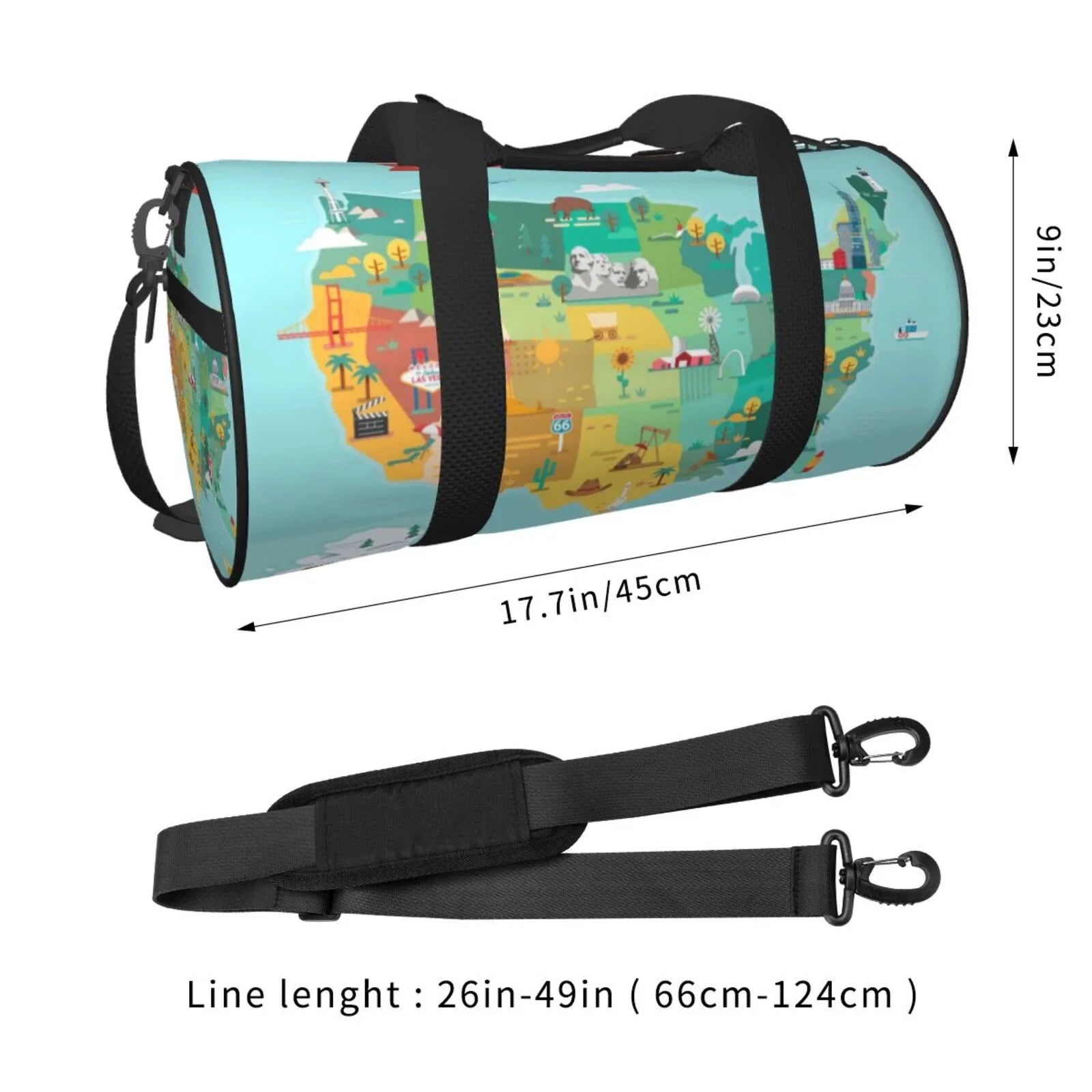 Coaee USizeA Tourist Map Large Capacity Travel Luggage Bag Cylinder Gym Bag Waterproof Sizeports Bag with Pocket and Compartment