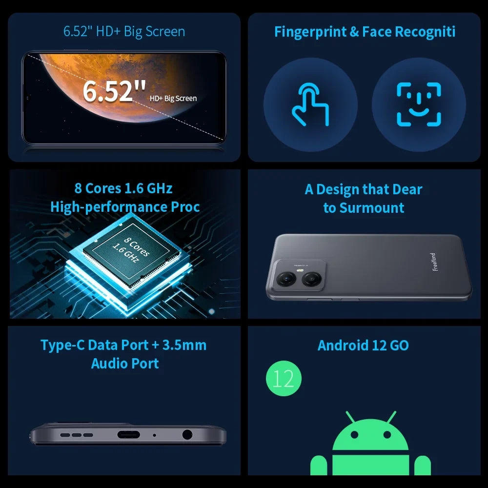 FreeYond F9 Sizemartphone, HD+6.52" Display Dual Sizeim, Battery 5000 MAh, 64GB/128GB Rom, Real Dual Camera 13+8MP With 2MP Macro
