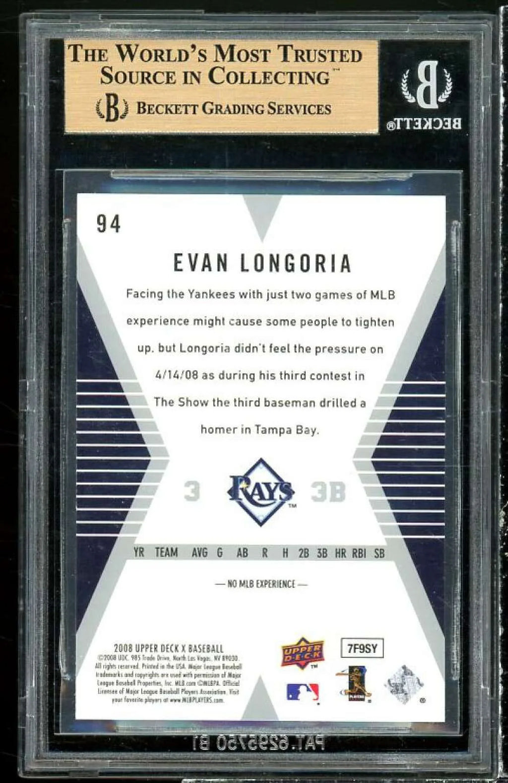 Evan Longoria Rookie Card 2008 Upper Deck X #94 (pristine) BGSize 10