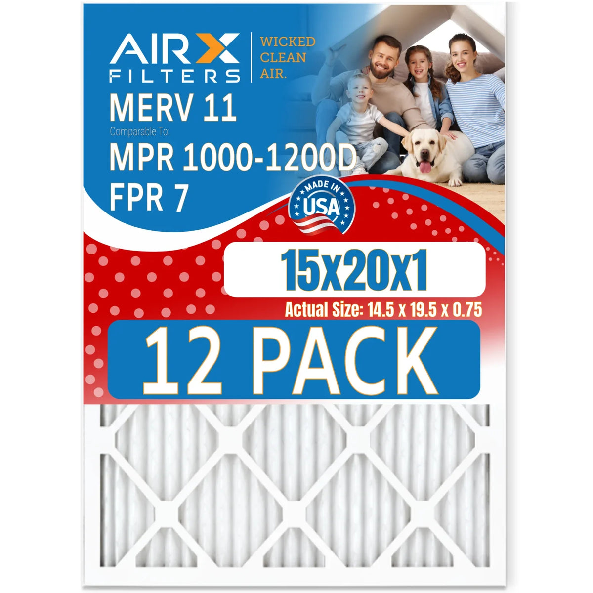 15x20x1 Air Filter MERV 11 Rating, 12 Pack of Furnace Filters Comparable to MPR 1000, MPR 1200 & FPR 7 - Made in USizeA by AIRX FILTERSize WICKED CLEAN AIR.