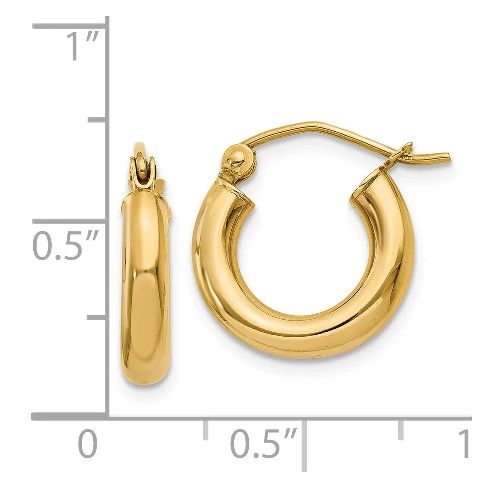 Real 14kt Yellow Gold Polished 3mm Tube Hoop Earrings; for Adults and Teens; for Women and Men