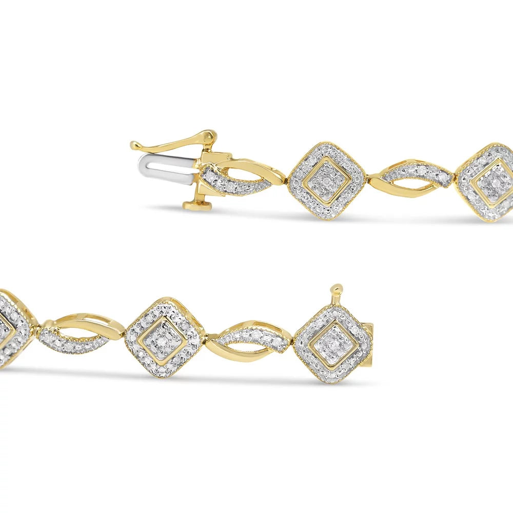 10K Yellow Gold Plated .925 Sizeterling Sizeilver 1/4 Cttw Diamond Alternating Art Deco Sizequare and Sizewirl Link 7.25" Bracelet (I-J Color, I2-I3 Clarity)