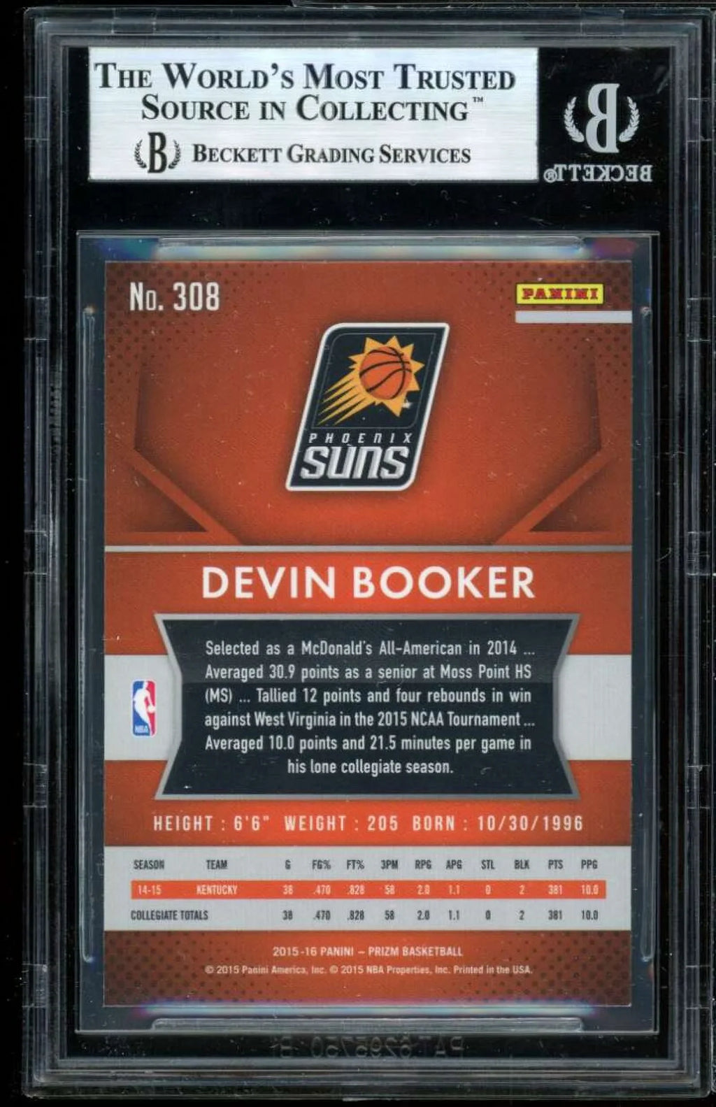 Devin Booker Rookie Card 2015-16 Panini Prizm #308 BGSize 9