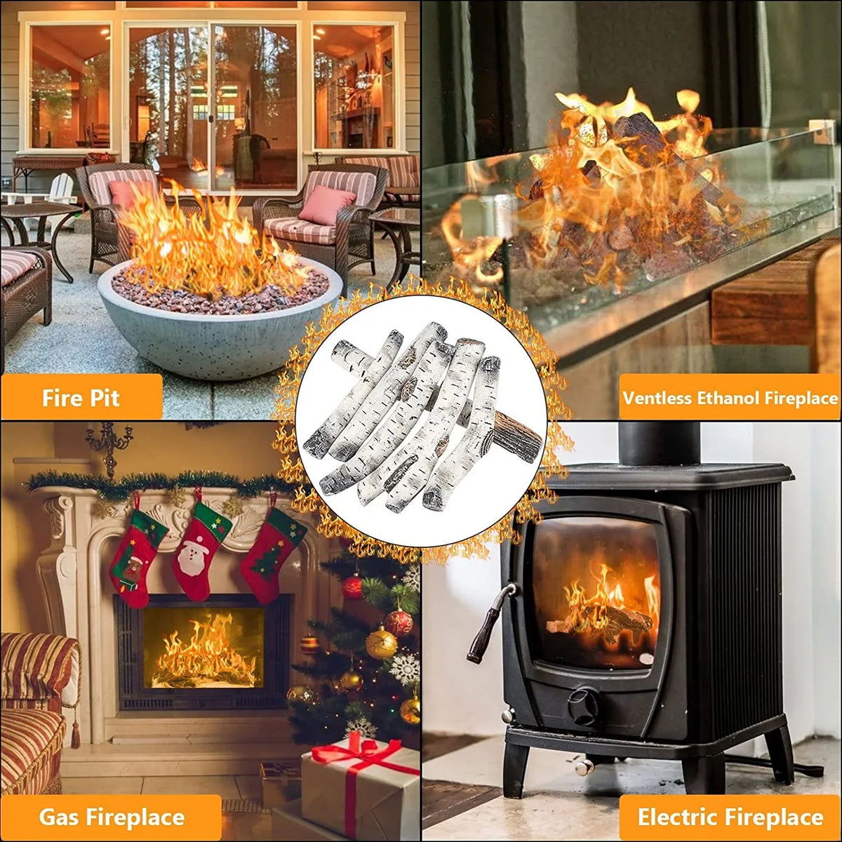 Hisencn Gas Fireplace Logs, 6 Pcs Ivory Birch Ceramic Gas Logs for Gas Fireplace, Indoor Electric Gas Inserts, Propane, Vented, Gel, Ethanol, Indoor or Outdoor Fireplaces, Fireplace Decor