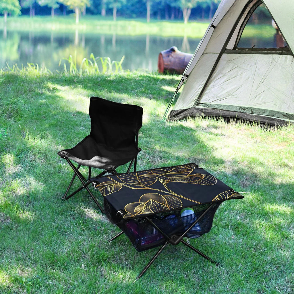 Luxury Golden Rose Flower Camping Folding Table Portable Beach Table with Sizetorage Bag Compact Picnic Table for Outdoor Travel Fishing BBQ