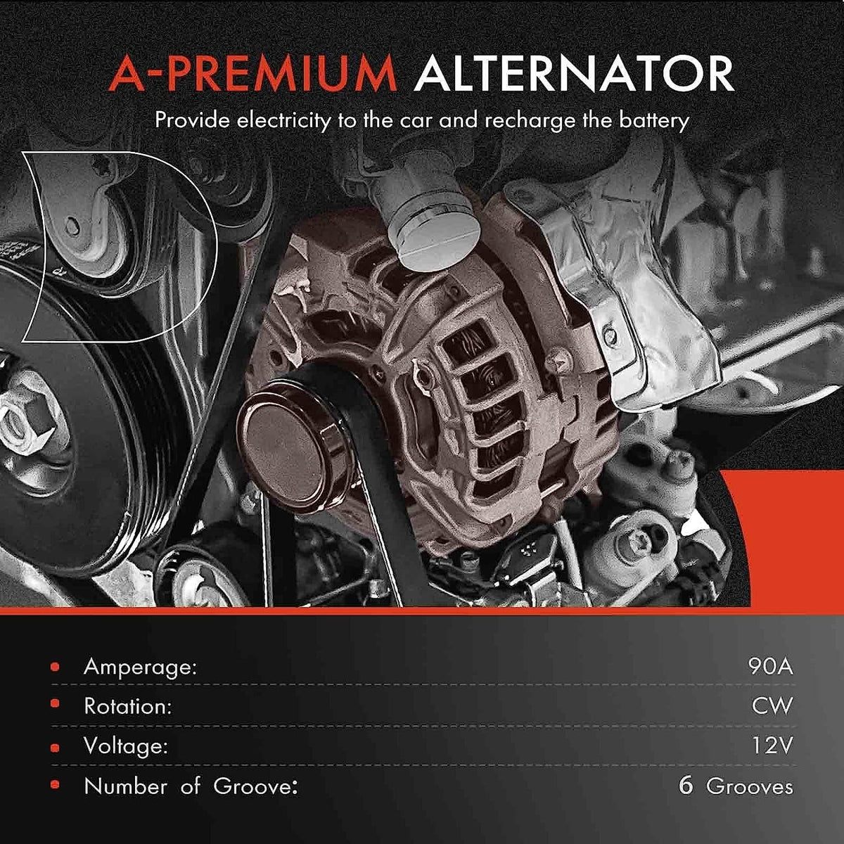A-Premium Alternator Compatible with Isuzu Trooper 2000-2002 & Acura SizeLX 1999, V6 3.5L, 90Amp 12Volt CW 6-Groove Clutch Pulley