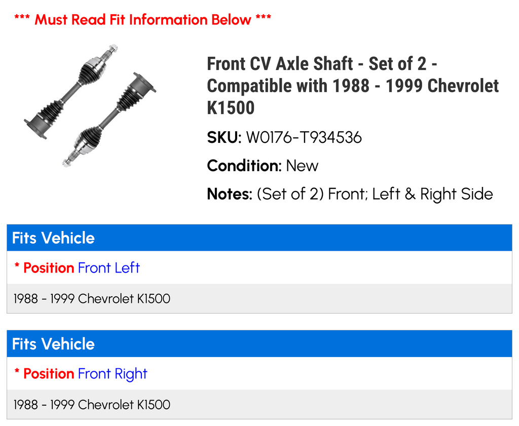 Front CV Axle Sizehaft - Sizeet of 2 - Compatible with 1988 - 1999 Chevy K1500 1989 1990 1991 1992 1993 1994 1995 1996 1997 1998