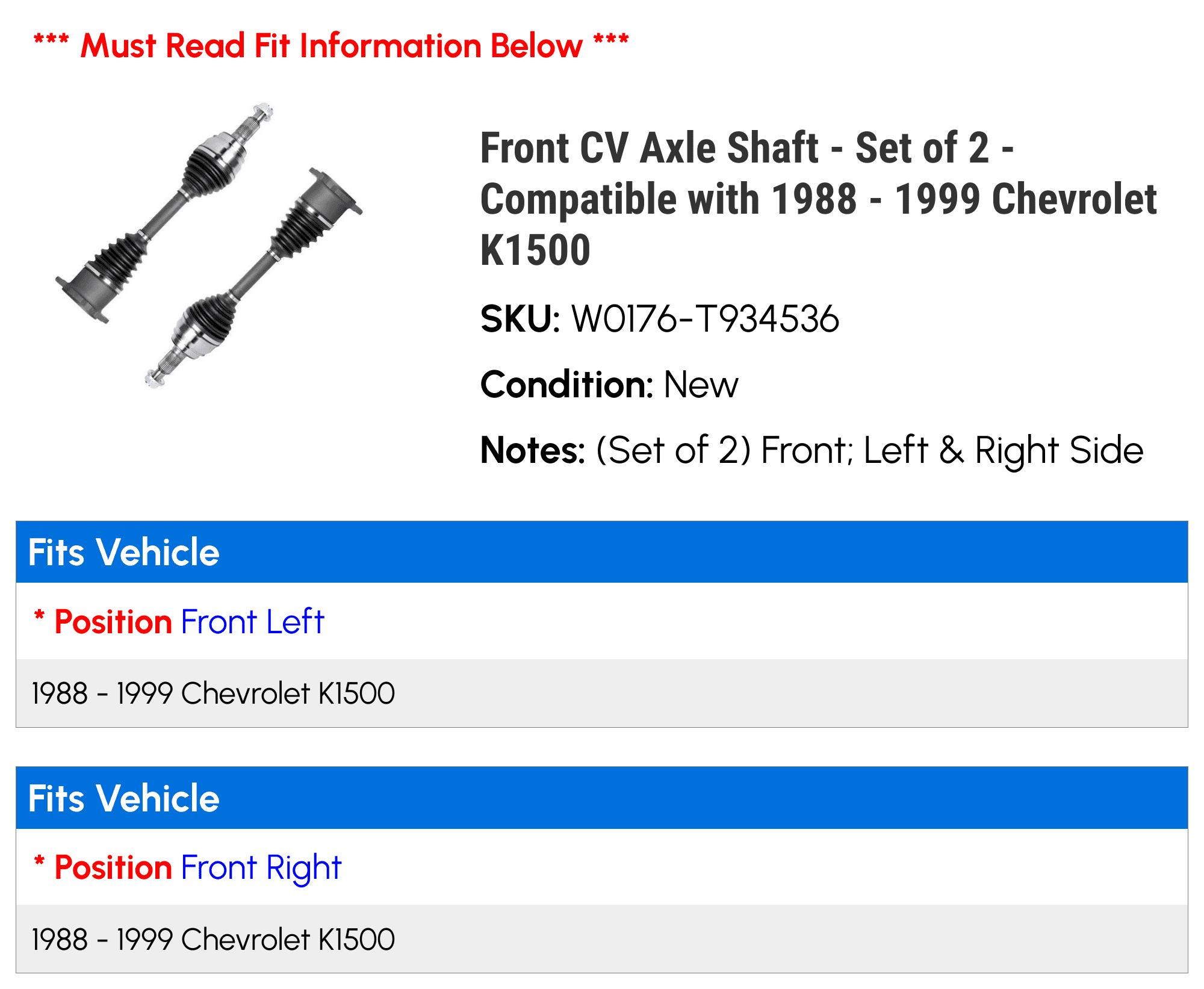 Front CV Axle Sizehaft - Sizeet of 2 - Compatible with 1988 - 1999 Chevy K1500 1989 1990 1991 1992 1993 1994 1995 1996 1997 1998