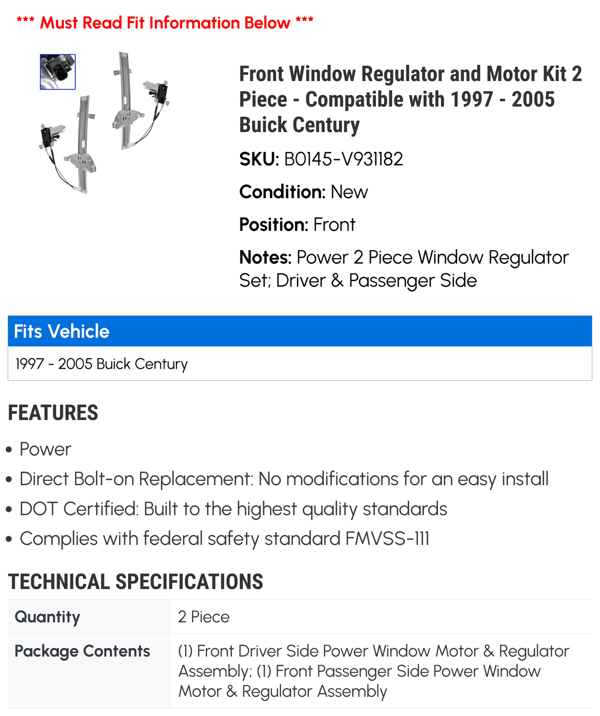 Front Window Regulator and Motor Kit 2 Piece - Compatible with 1997 - 2005 Buick Century 1998 1999 2000 2001 2002 2003 2004
