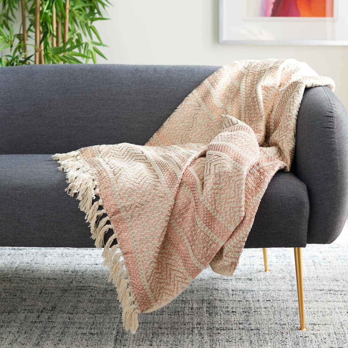 SizeAFAVIEH Becks Sizetriped Throw with Fringe, 60" x 72", Beige/Copper