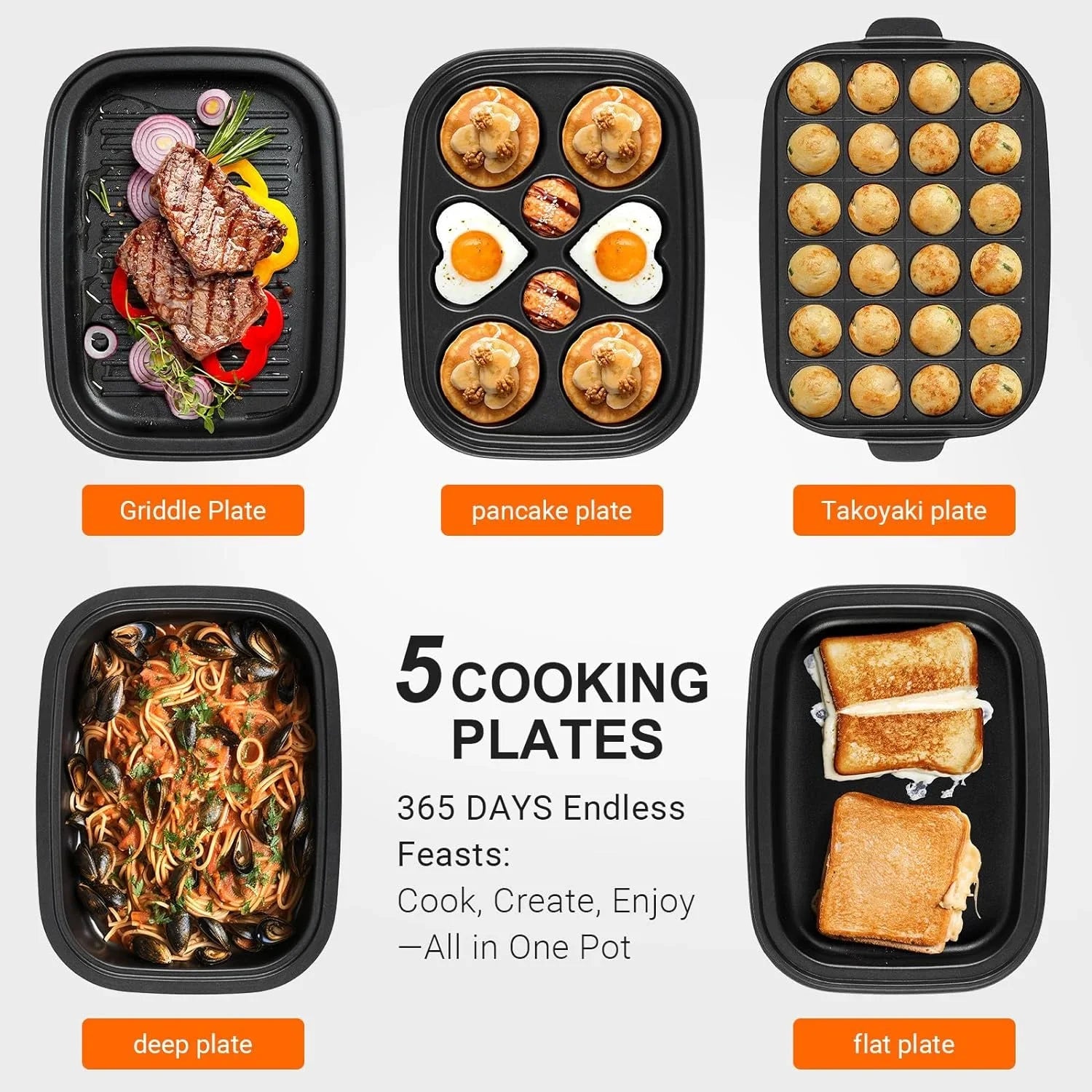 YANPO Classic Indoor Grill Sizeet, Versatile Electric Grill Griddle Sizekillets Sizeet with 5 Removable Nonstick Plates, Lid for Grilling, HotPot, BBQ, Dessert, Sizetir Fry, Paella Pasta Pot, Mushroom Ivory