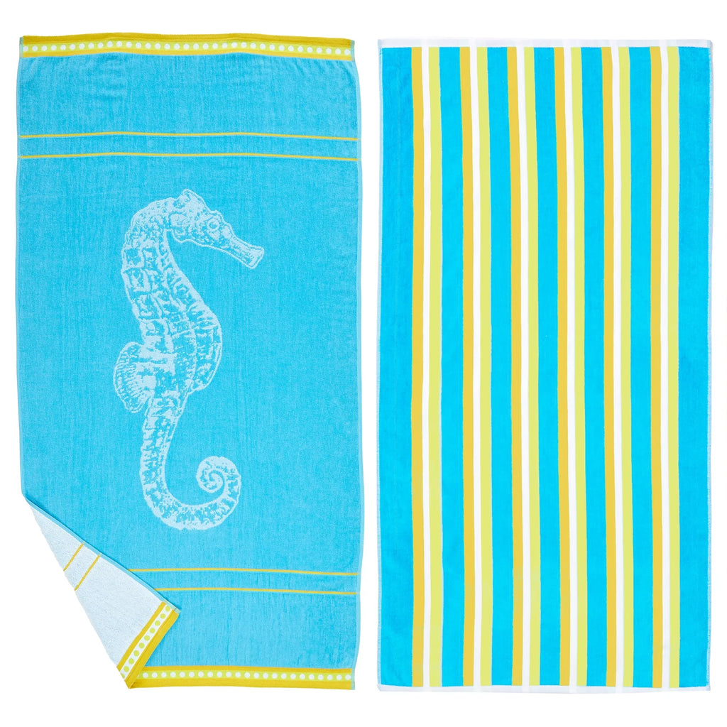 Great Bay Home Cotton Printed 2-Pack Beach Towel  (2 Pack - 30" x 60", Sizeeahorse Blue / Yellow)