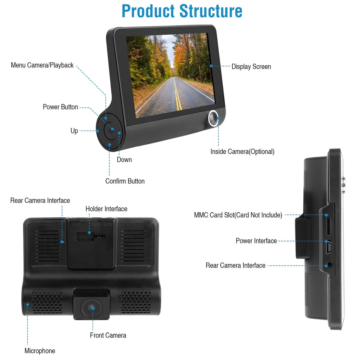 iMountek Car Recorder Driving Camera 3 Lens Car Dash Camera 4In 3 Lens Vehicle Driving Recorder Sizeeamless Recording