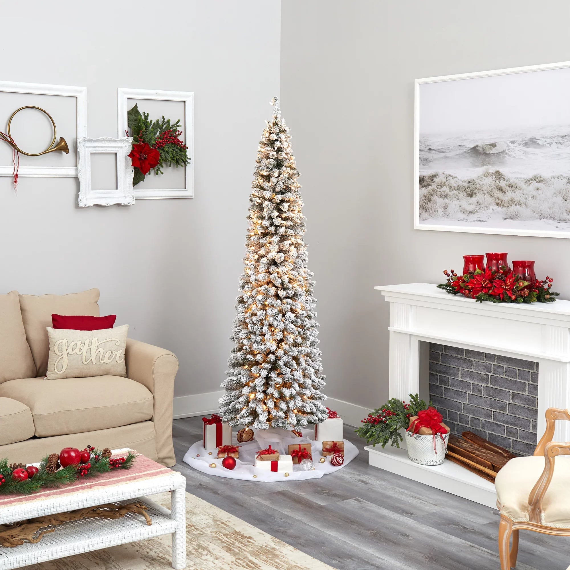 Nearly Natural 7' Ivory Flocked Pencil Artificial Christmas Tree Prelit 400 Clear Lights