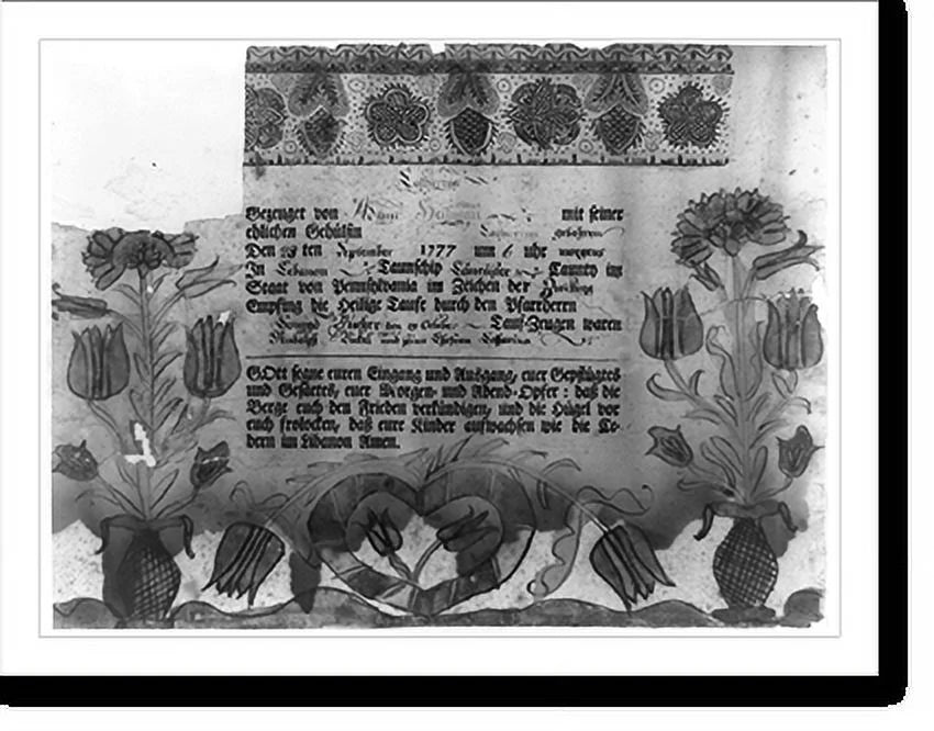 Historic Framed Print, [Birth and baptismal certificate for Catharina Heilman, b. 1777, in Lebanon township, Lancaster County, Pa.; with blessing], 17-7/8" x 21-7/8"