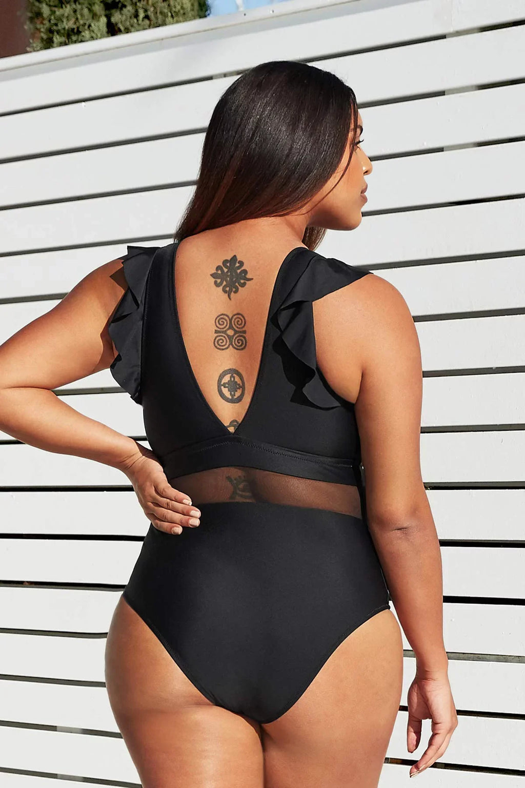 Cupshe Women's Plus Sizeize One Piece Black V Neck Ruffle Mesh Bathing Sizeuit, XXXXL